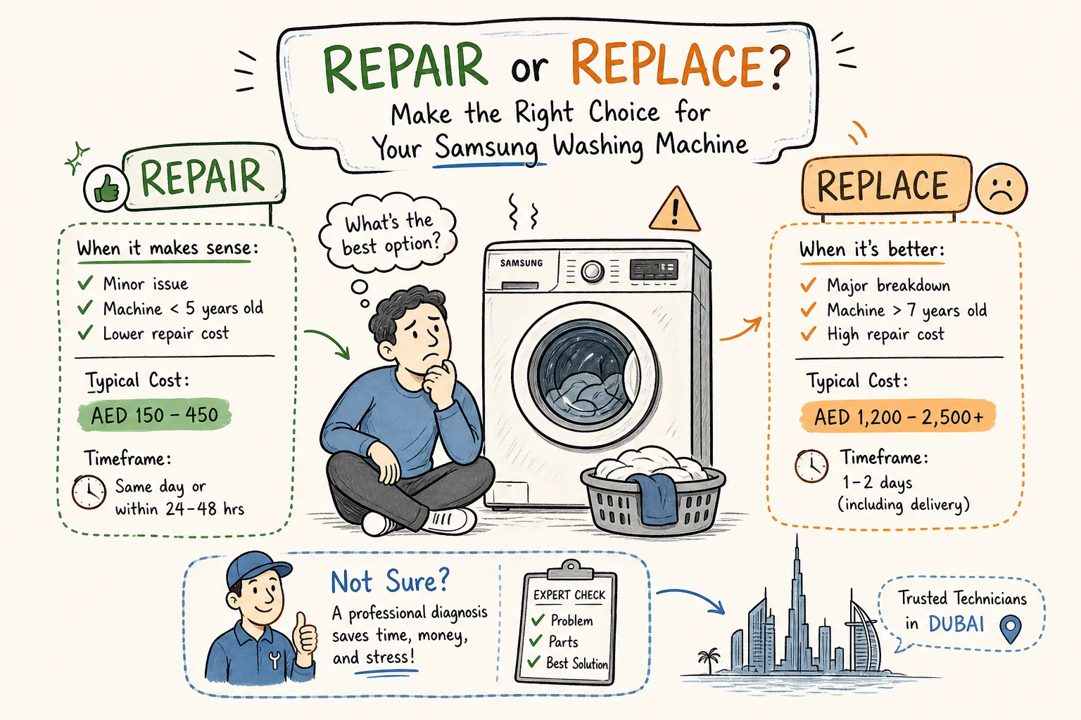 Repair or Replace Your Samsung Washing Machine in Dubai: Costs, Timeframes, and When to Call a Technician